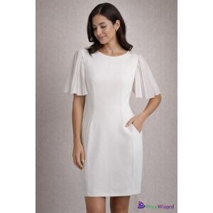 Calvin Klein White Shift Dress Sz 10 Pleated Sleeve Minimalist Elegant Cocktail